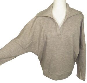 OGL Cozy Wool Blend Collared V Neck Batwing Sleeve Sweater Heather Taupe LARGE